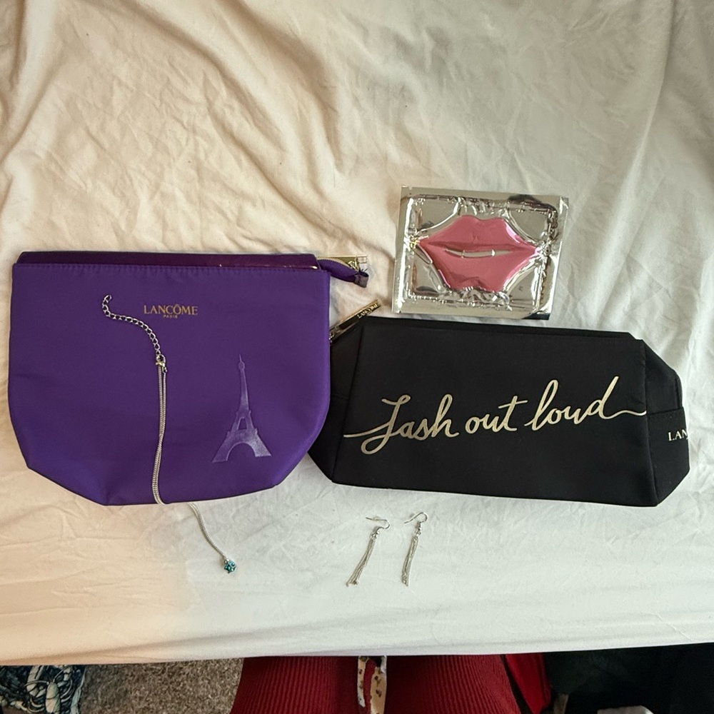 2 Lacome Cosmetic Bags, necklace, earrings, lip mask NWOT
